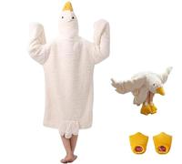 Big White Goose Wearable Blanket - Quirky Couples Hoodie Onesie, Thick Coral Fleece Duck Onesie, Oversized Duck Pajamas, Cozys Warm Nightgown with Shoes for Home (L)