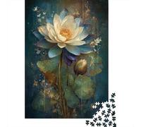 Big White Lotus, Starry Sky, Moonlight,Puzzles Watercolor Style Gemusterte Nachhaltige Puzzles Für Erwachsene Hochwertige Holzspielpuzzles 38x26cm/1000pcs
