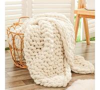 Bigacogo Chunky Knit Throw Blanket for Couch, 40x60 inches, 100% Hand Knitted with Thick Jumbo Chenille Yarn, Cozy Soft Large Rope Knot Cable Crochet Blankets for Sofa Bed Living Room, Beige