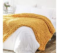 Bigacogo Chunky Knit Throw Blanket for Couch, 51x63 inches, 100% Hand Knitted with Thick Jumbo Chenille Yarn, Cozy Soft Large Rope Knot Cable Crochet Blankets for Sofa Bed Living Room, Mustard Yellow
