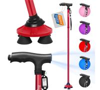 BigAlex Folding Walking Cane with LED Light,Pivoting Quad Base,Adjustable Walking Stick with Carrying Bag for Man/Woman （4.9'-5.6' Red ）