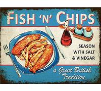 BigBazza Novelty Retro Vintage Wall tin Plaque 20x15cm - Ideal for Pub shed Bar Office Man Cave Home Bedroom Dining Room Kitchen Gift - Fish n Chips Seaside chip shop Sea Promenade Metal Sign