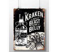 BigBazza Novelty Retro Vintage Wall tin Plaque 20x15cm - Ideal for Pub shed Bar Office Man Cave Home Bedroom Dining Room Kitchen Gift - Kraken Rum Belly Beast drink Drinking Metal Sign