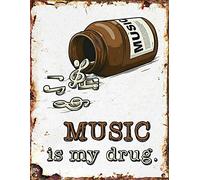 BigBazza Vintage Advertising Wall Tin Plaque 20x15cm - Pub Shed Bar Man Cave Home Bedroom Office Kitchen Gift Metal Sign - Retro Rusty Music is My Drug Quote Art Studio Dance Club DJ
