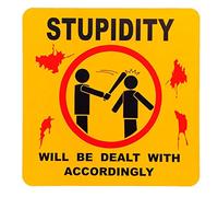 BigBazza Vintage Advertising Wall Tin Plaque Large Square 20x20cm Pub Shed Bar Man Cave Home Bedroom Office Kitchen Gift Metal Sign - Warning Yellow Hazard Stupidity Dealt with Fun Retro