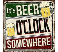 Vintage Advertising Wall Tin Plaque Large Square 20x20cm Pub Shed Bar Man Cave Home Bedroom Office Kitchen Gift Metal Sign - Retro Rustic it's 5 Beer o' Clock Somewhere Fun Music Quote