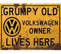 BigBazza Vintage Rustic Advertising Retro Wall Tin Plaque 20x15cm - Pub Shed Bar Man Cave Home Garage Kitchen Gift Metal Sign - Grumpy Old inspired VOLKSWAGEN VW Owner Lives Here, yellow
