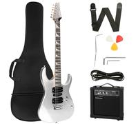 BIGBILLION Electric Guitar Beginner Starter Practic Full Size Solid Wood HSH Pickups with Amplifier, Bag, Capo, Strap,Cable, Picks, (39" Right Handed, Silver)