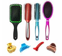 BigBro Cushioned Paddle Hair Brush(1pc) Round Hair Brush (1pc) Oval Hair Brush(1pc) Curved Hair Brush(1pc) Plus Hair Clutchers (4pc) for Hair Styling for Girls Women and Men (Super Saver Combo Pack)