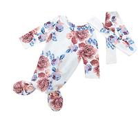 Bigbuyu Baby Girl Newborn Clothes Baby Sleepy Floral Striped Gown Headband Sleepwear Romper Sleeping Bags (White)