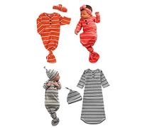 Bigbuyu Baby Gown Newborn Cotton Nightgown with Bow Headband Striped Baby Sleeping Bags Unisex Coming Home Outfits Set (Gray)