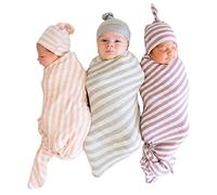 Bigbuyu Baby Unisex Muslin Swaddle Blankets One Size Newborn Receiving Blanket Striped Swaddle Wrap Hat Cap Set (Pink)