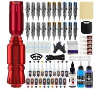 Bigcan Mini Rotary Tattoo Machine Kit with Wireless 1300mAh Battery, Complete Short Pen Tattoo Set with 20 Inks and Cartridges, Professional Rotary Tool for Artists and Beginners,Red