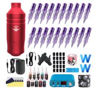 Bigcan Rotary Tattoo Pen Kit - Compact Tattoo Machine with 9000RPM Coreless Motor, Power Supply, 10 Inks and 20 Cartridges for Artists,Red