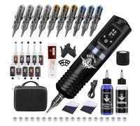Bigcan Tattoo Pen Kit,Professional Complete Tattoo Machine Pen Gun Kit Wireless Rotary Tattoo Pen Set with 20 Mixed Cartridges,10 Tattoo Colors for Lining Shading Beginners and Artists,Gray,B