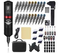 Bigcan Tattoo Pen Kit,Professional Complete Tattoo Machine Pen Gun Kit Wireless Rotary Tattoo Pen Set with 20 Mixed Cartridges,10 Tattoo Colors for Lining Shading Beginners and Artists,Red,A
