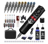 Bigcan Tattoo Pen Kit,Professional Complete Tattoo Machine Pen Gun Kit Wireless Rotary Tattoo Pen Set with 20 Mixed Cartridges,10 Tattoo Colors for Lining Shading Beginners and Artists,Red,B
