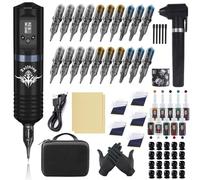 Bigcan Tattoo Pen Kit,Professional Complete Tattoo Machine Pen Gun Kit Wireless Rotary Tattoo Pen Set with 20 Mixed Cartridges,10 Tattoo Colors for Lining Shading Beginners and Artists,Gray,A