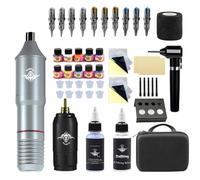 Bigcan Wireless Tattoo Pen Kit Complete Tattooing Set with Adjustable Voltage 10 Tattoo Colors Mixed Cartridges Practice Skins for Beginners and Artists,Silver,B