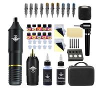 Bigcan Wireless Tattoo Pen Kit Complete Tattooing Set with Adjustable Voltage 10 Tattoo Colors Mixed Cartridges Practice Skins for Beginners and Artists,Gold,B