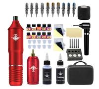 Bigcan Wireless Tattoo Pen Kit Complete Tattooing Set with Adjustable Voltage 10 Tattoo Colors Mixed Cartridges Practice Skins for Beginners and Artists,Red,B