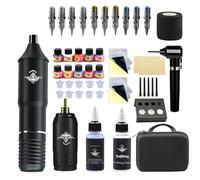 Bigcan Wireless Tattoo Pen Kit Complete Tattooing Set with Adjustable Voltage 10 Tattoo Colors Mixed Cartridges Practice Skins for Beginners and Artists,Black,B