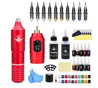 Bigcan Wireless Tattoo Pen Kit LED Display Adjustable 4V 12V Voltage 1300mAh Battery USB C Charging Brushless Motor for Lining and Shading,Red