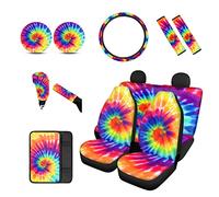 BIGCARJOB 12 Pack Tie Dye Car Accessories for Womens Gifts,Include Tie Dye Printed Car Seat Covers Back Seat Protector Pet Dog Pads,Steering Wheel Cover, Armrest Cover, Seat Belt Pads Cover,Coasters