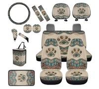 BIGCARJOB Boho Dog Paw Car Seat Cover Full Set 15 Pieces Boho Print Car Interior Accessories Set with Universal Steering Wheel Cover Car Trash Can Hanging Seat Headrest Covers