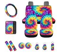 BIGCARJOB Rainbow Tie Dye Car Seat Accessories Set 13 Pcs,Hippie Tie Dye Car Seat Covers Full Set,Universal Steering Wheel Covers,Console Cover,Seat Belt Shoulder Pads,Keyring for Women