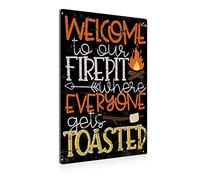 Bigccaee Funny Welcome To Our Fire Pit Metal Tin Sign Wall Decor Vintage Camping Signs Camper Indoor Outdoor Decoration Gifts Retro Metal Tin Sign 8X12 Inches