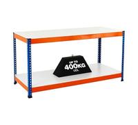 BiGDUG 2-Tier Steel Workbench with Melamine Worktop - 91.5h x 213.5w x 76d cm - Blue & Orange Workstation - Load Capacity 400kg UDL - Boltless Assembly