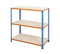 BiGDUG 3 Tier Compact Shelving Unit with Chipboard Shelves - Up to 100kg Load Per Shelf - 91.5h x 152.5w x 45.5d cm - Blue/Orange Premium Powder Coated Steel Racking - Adjustable Shelves