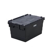 BiGDUG Eco Recycled Plastic Robust Sturdy Heavy Duty Hard Wearing Black Stackable Storage Organisation Attached Lid Containers (x5 320h x 400w x 600d mm)