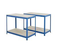 BiGDUG Essentials 2x Industrial Workbench - 900H x 1800W x 600D mm - 2-Tier Blue Steel Chipboard Workstation - Up To 300kg Load Per Level