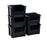 BiGDUG Essentials Large Stacking Pick Bin - 320H x 495W x 390D mm - 50L Capacity Plastic Storage Boxes (Black, Pack of 5)