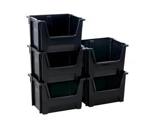 BiGDUG Essentials Large Stacking Pick Bin - 320H x 495W x 390D mm - 50L Capacity Plastic Storage Boxes (Black, Pack of 5)