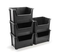 BiGDUG Essentials Large Stacking Pick Bin - 400H x 650W x 455D mm - 75L Capacity Plastic Storage Boxes (Black, Pack of 5)