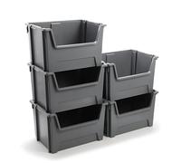 BiGDUG Essentials Large Stacking Pick Bin - 400H x 650W x 455D mm - 75L Capacity Plastic Storage Boxes (Grey, Pack of 5)