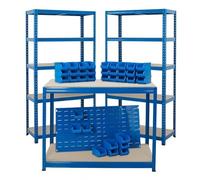 BiGDUG Garage Storage Kit - Workshop Shed Shelving and Workbench Set - 2x Shelving Bays (1780H x 900W x 450D mm), 1x Workbench (900H x 1200W x 600D mm), 1x Louvre Panel Kit with 36x Plastic Parts Bins