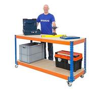 BiGDUG Heavy Duty Mobile Workbench Chipboard Shelves Storage Factory Production Line Warehouse Workshop Stockroom Garage Assembly Plant Industrial Area (920h x 1830w x 760d mm)