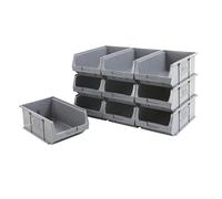 BiGDUG Plastic Parts Bins - Stackable or Wall Mounted Storage Boxes Garage Organiser Louvre Free Standing - Pack of 10 - 125H x 200W x 355D mm - Grey