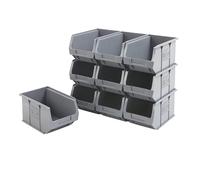 BiGDUG Plastic Parts Bins - Stackable or Wall Mounted Storage Boxes Garage Organiser - Pack of 10 - 125H x 150W x 240D mm - Grey