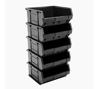 BiGDUG Plastic Parts Bins - Stackable or Wall Mounted Storage Boxes Garage Organiser - Pack of 5 - 180H x 420W x 370D mm - Black