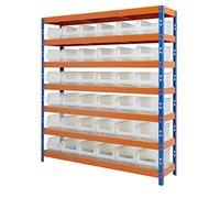BiGDUG Racking with Plastic Bins - 36x Clear B56 Bins - BiG400 Premium Steel Shelving - 198h x 183w 45.5d cm - Blue & Orange - Up to 400kg Load Per Shelf - High Density 15mm Shelving Board