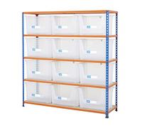 BiGDUG Stacking Storage Bins Shelving Kit - 8X 50L Clear Plastic Pick Bins - 160h x 122w x 45.5d cm Blue & Orange Shelving Unit - Up to 200kg UDL Per Shelf - Open Front for Easy Picking