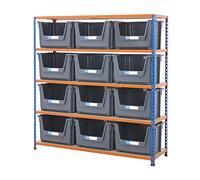 BiGDUG Stacking Storage Bins Shelving Kit - 8X 50L Grey Plastic Pick Bins - 160h x 122w x 45.5d cm Blue & Orange Shelving Unit - Up to 200kg UDL Per Shelf - Open Front for Easy Picking