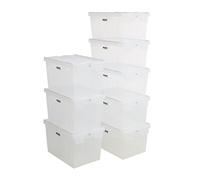 BiGDUG Tote Boxes - Heavy Duty Lidded Plastic Containers - Stackable Storage - Pack of 8 Boxes - 5x 56 Litre & 3x 62 Litre - Translucent