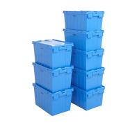 BiGDUG Tote Boxes - Heavy Duty Lidded Plastic Containers - Stackable Storage - Pack of 8 Boxes - 5x 56 Litre & 3x 62 Litre - Blue