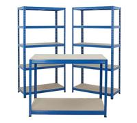 BIGDUG Workshop Shelving & Workbench Storage - x2 Garage Shelves 178cm x 90cm x 45cm - 265kg Load Per Level - 1325kg Per Bay - Workbench: 90cm x 120cm x 60cm - 300kg Load Per Level - Blue